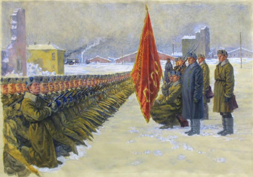 Г.Н. Веселов «Вручение гвардейского знамени 71-й бригаде морской пехоты под командованием полковника Я. П. Безверхова под Москвой в 1942 году» (1955). Источник: goskatalog